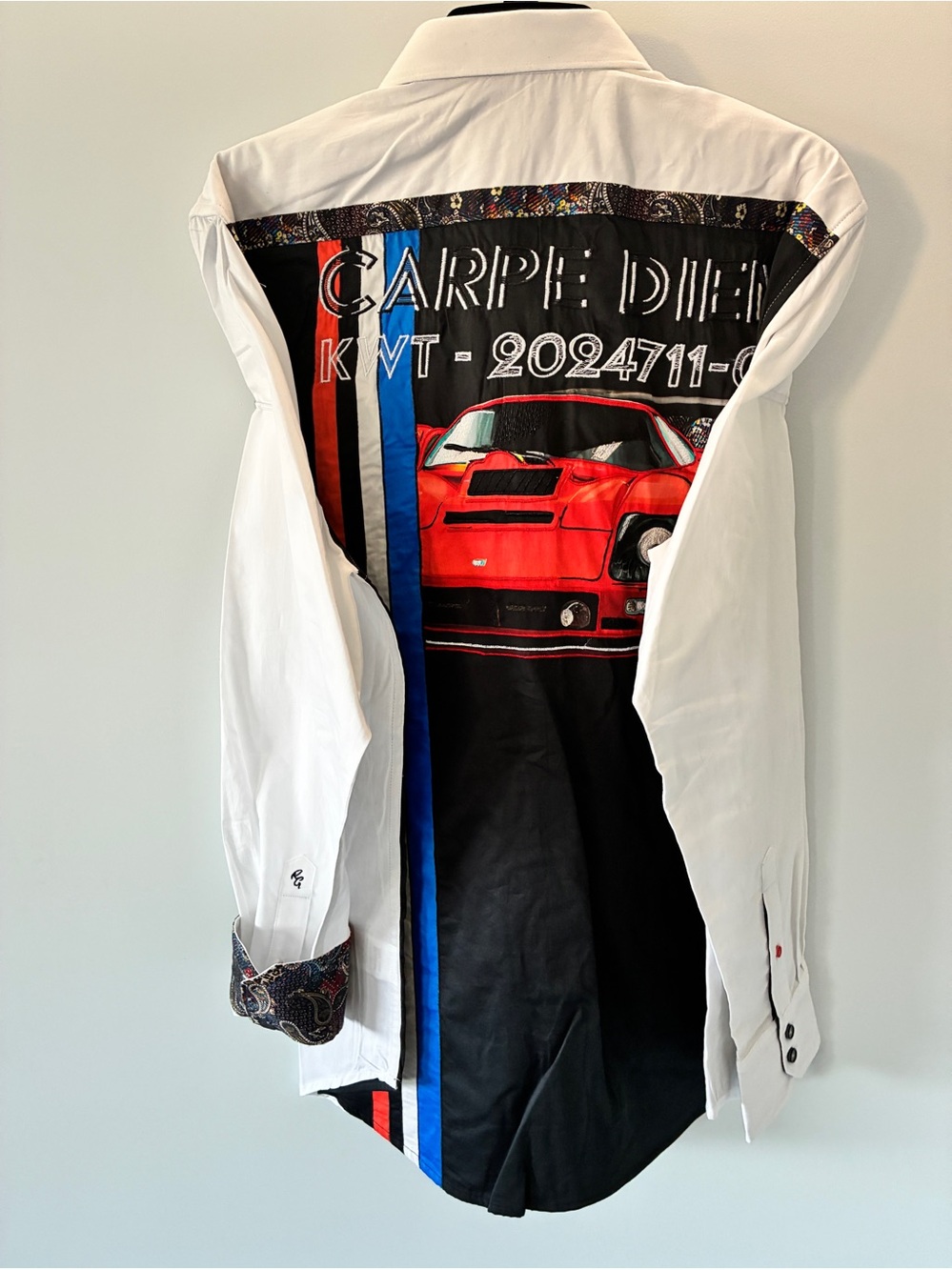 Robert Graham CARPE DIEM - NWT White Shirt with Red Car Back Graphic